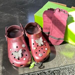 Dark Cherry Glitter Crocs w/Socks